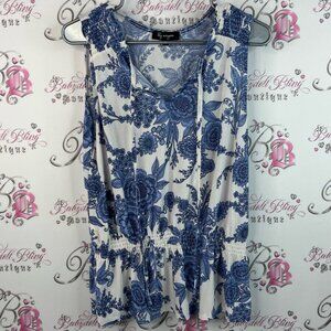 Lily Morgan tank top peplum ruffle hem paisley Floral Blue White Women's Top